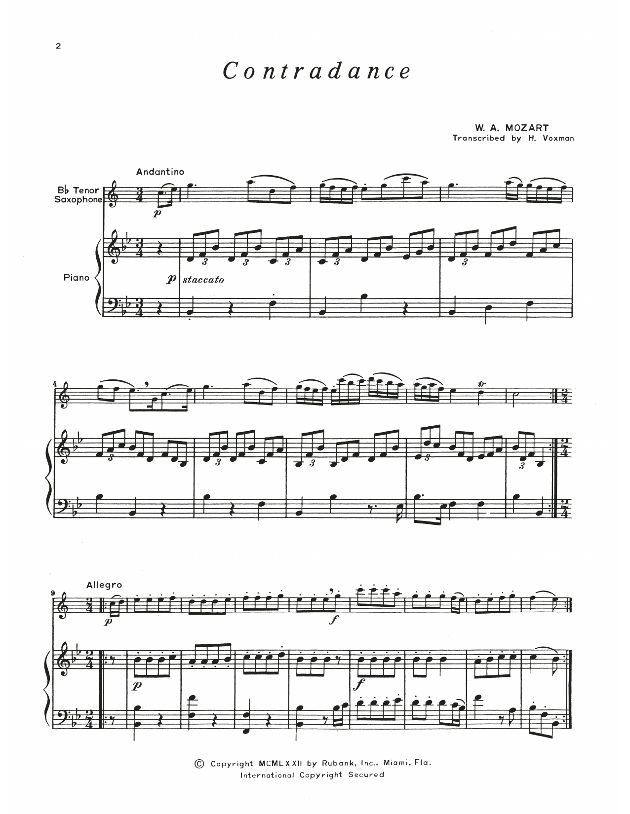 Wolfgang Amadeus Mozart Contradance sheet music notes and chords arranged for Tenor Sax and Piano