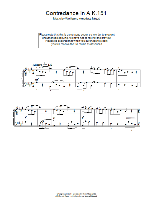 Wolfgang Amadeus Mozart Contredance In A K.151 sheet music notes and chords arranged for Easy Piano