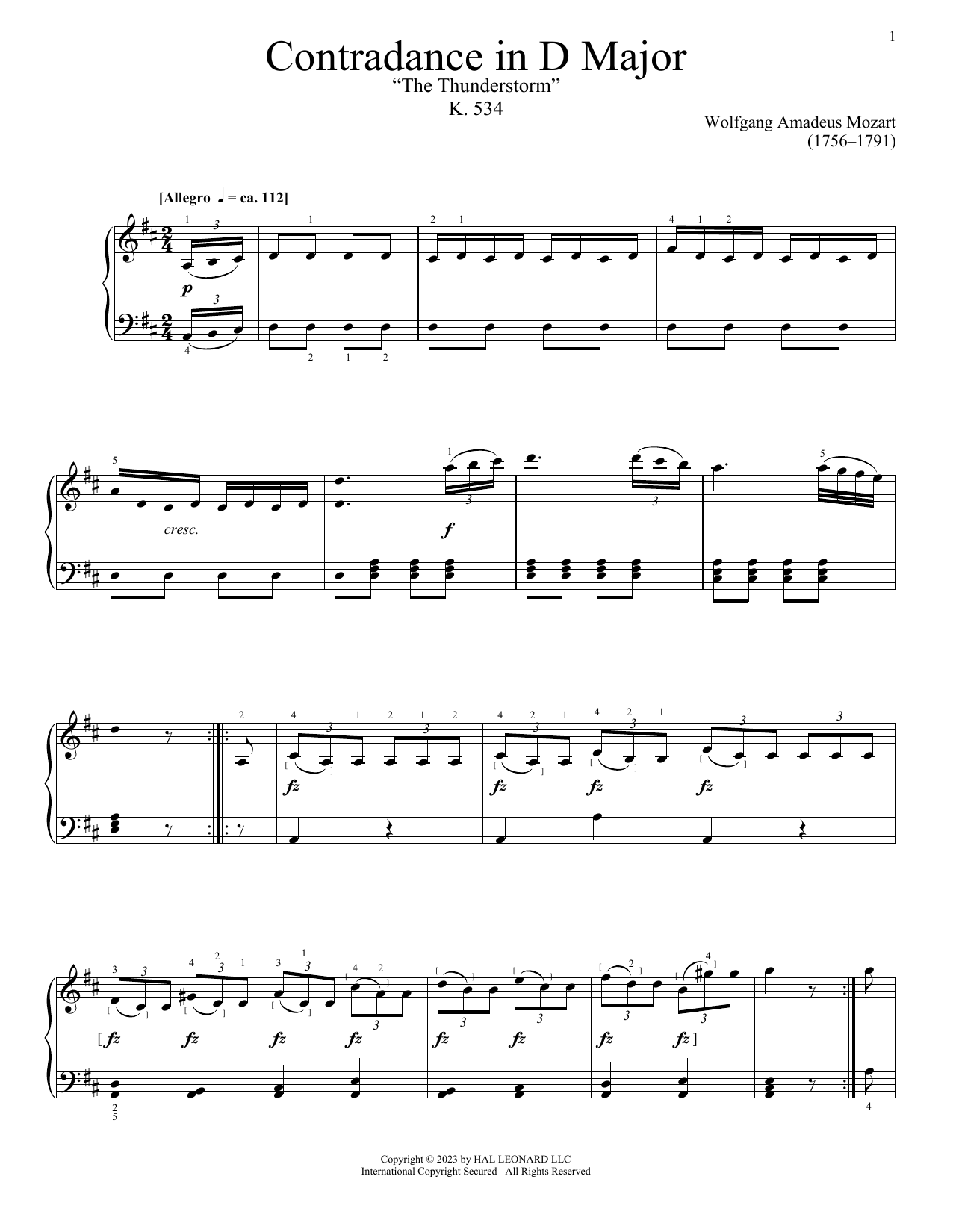 Wolfgang Amadeus Mozart Contredance In D Major, K. 534 sheet music notes and chords arranged for Piano Solo