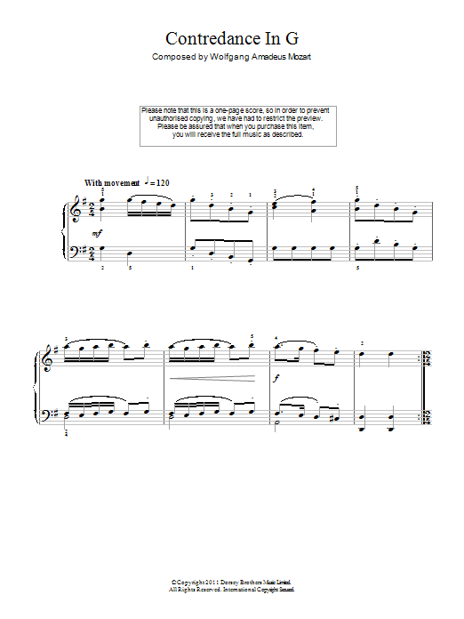 Wolfgang Amadeus Mozart Contredance In G sheet music notes and chords arranged for Easy Piano