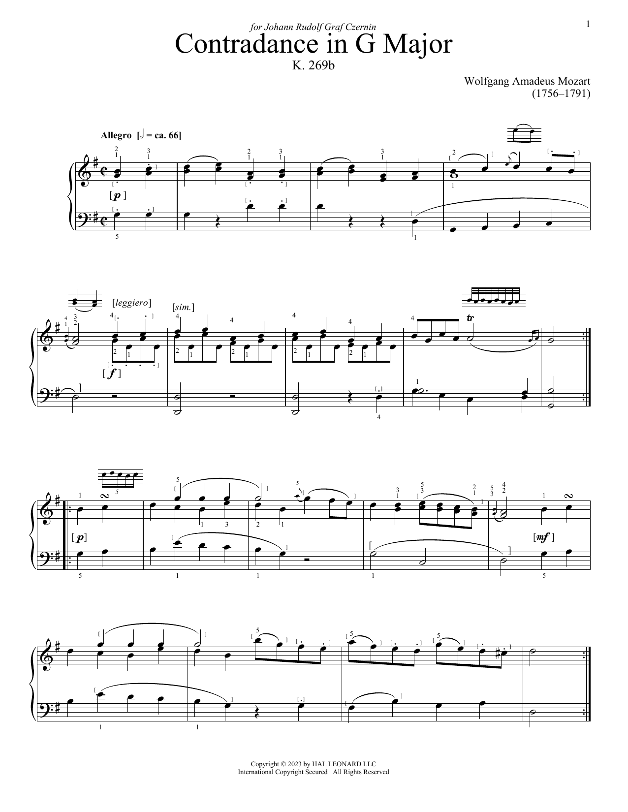 Wolfgang Amadeus Mozart Contredance sheet music notes and chords arranged for Piano Solo
