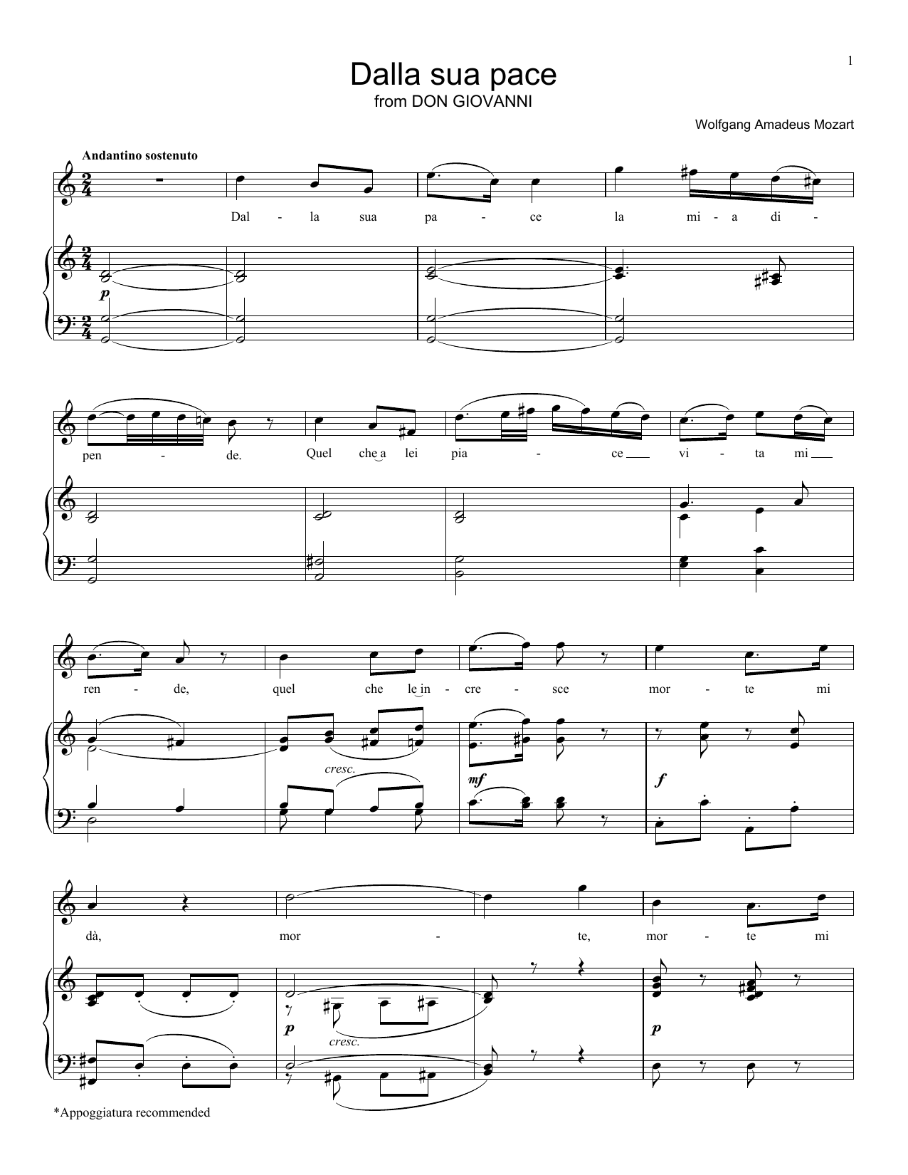 Wolfgang Amadeus Mozart Dalla Sua Pace sheet music notes and chords arranged for Piano, Vocal & Guitar Chords (Right-Hand Melody)