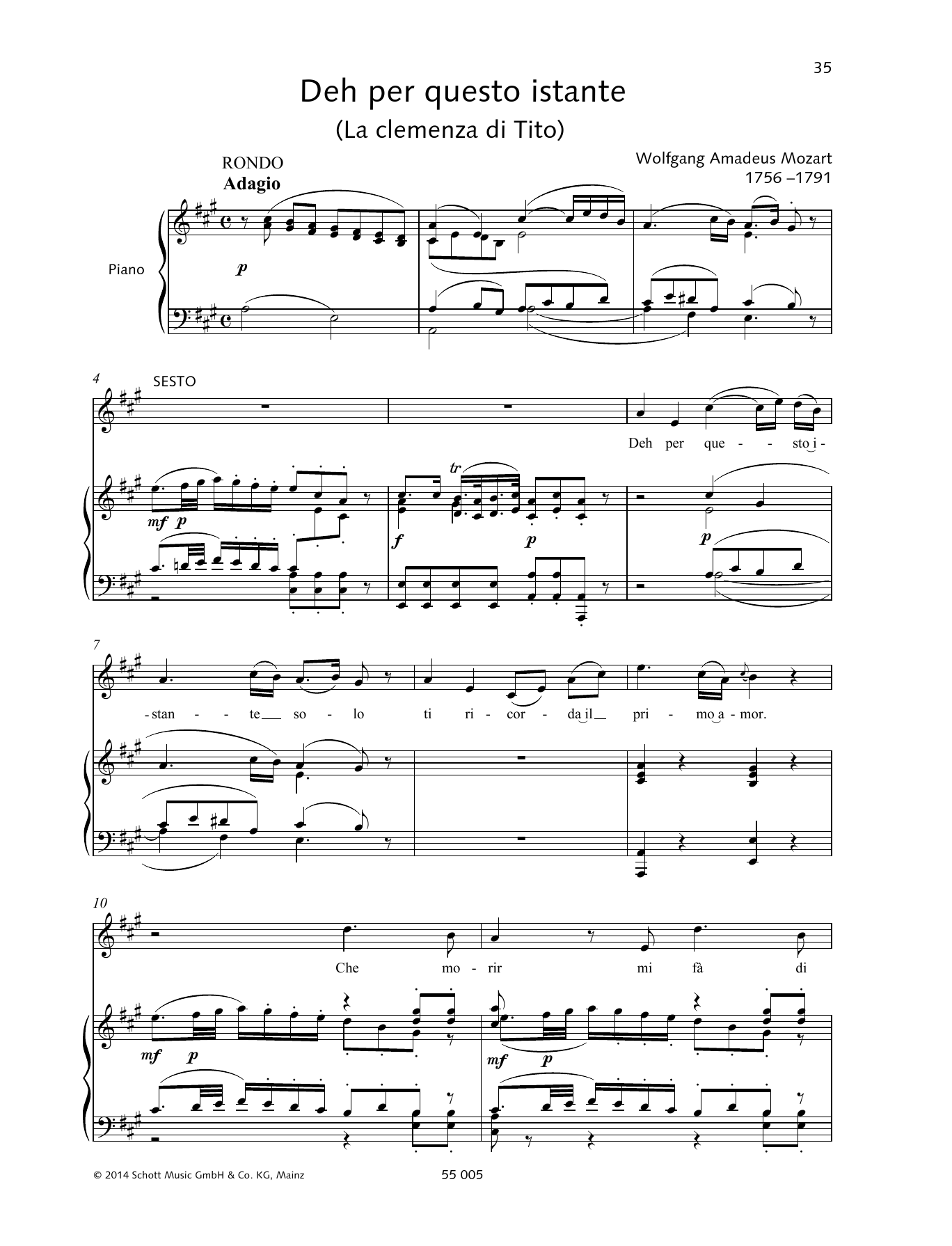 Wolfgang Amadeus Mozart Deh per questo istante sheet music notes and chords arranged for Piano & Vocal