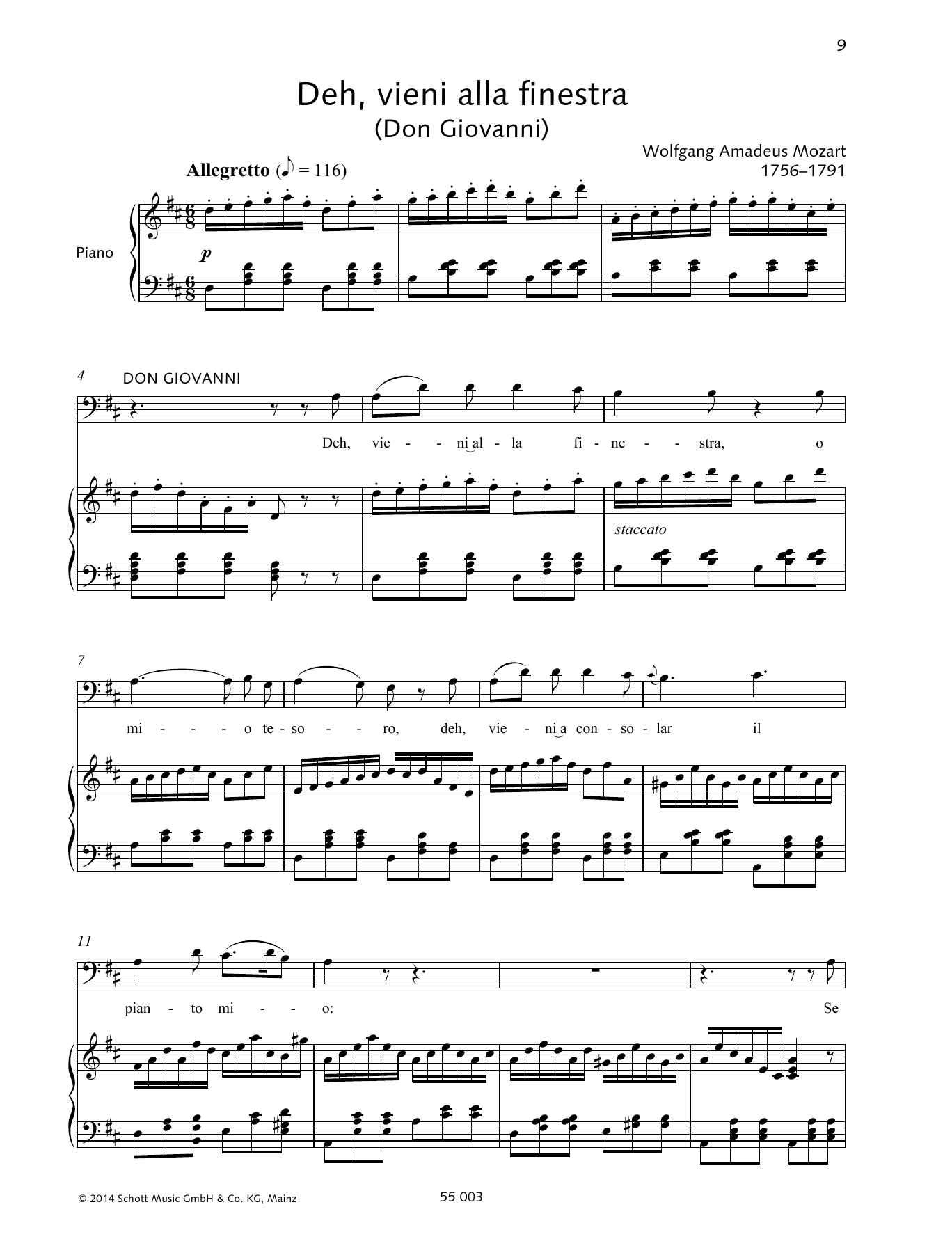 Wolfgang Amadeus Mozart Deh, Vieni Alla Finestra sheet music notes and chords arranged for Piano & Vocal
