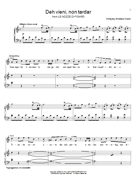 Wolfgang Amadeus Mozart Deh Vieni, Non Tardar from Le Nozze Di Figaro sheet music notes and chords arranged for Piano, Vocal & Guitar Chords (Right-Hand Melody)