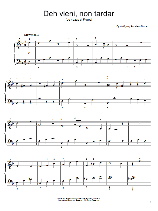 Wolfgang Amadeus Mozart Deh Vieni, Non Tardar (from Le Nozze di Figaro) sheet music notes and chords arranged for Easy Piano
