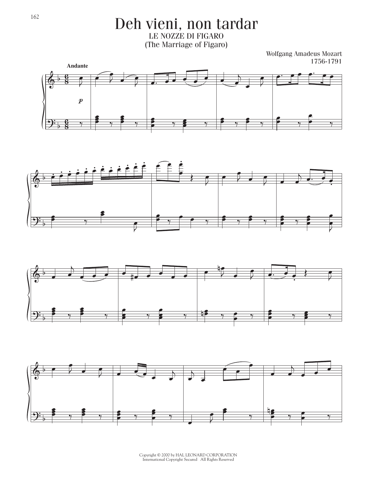 Wolfgang Amadeus Mozart Deh Vieni, Non Tardar (The Marriage Of Figaro) sheet music notes and chords arranged for Piano Solo