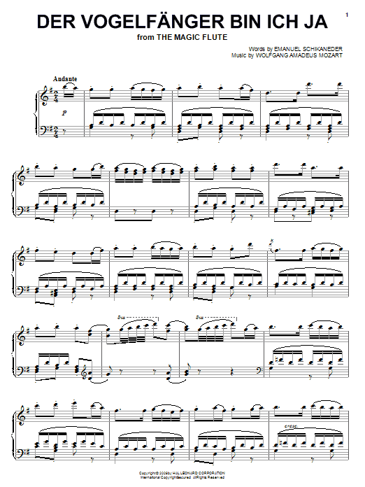 Wolfgang Amadeus Mozart Der Vogelfanger Bin Ich Ja sheet music notes and chords arranged for Piano Duet