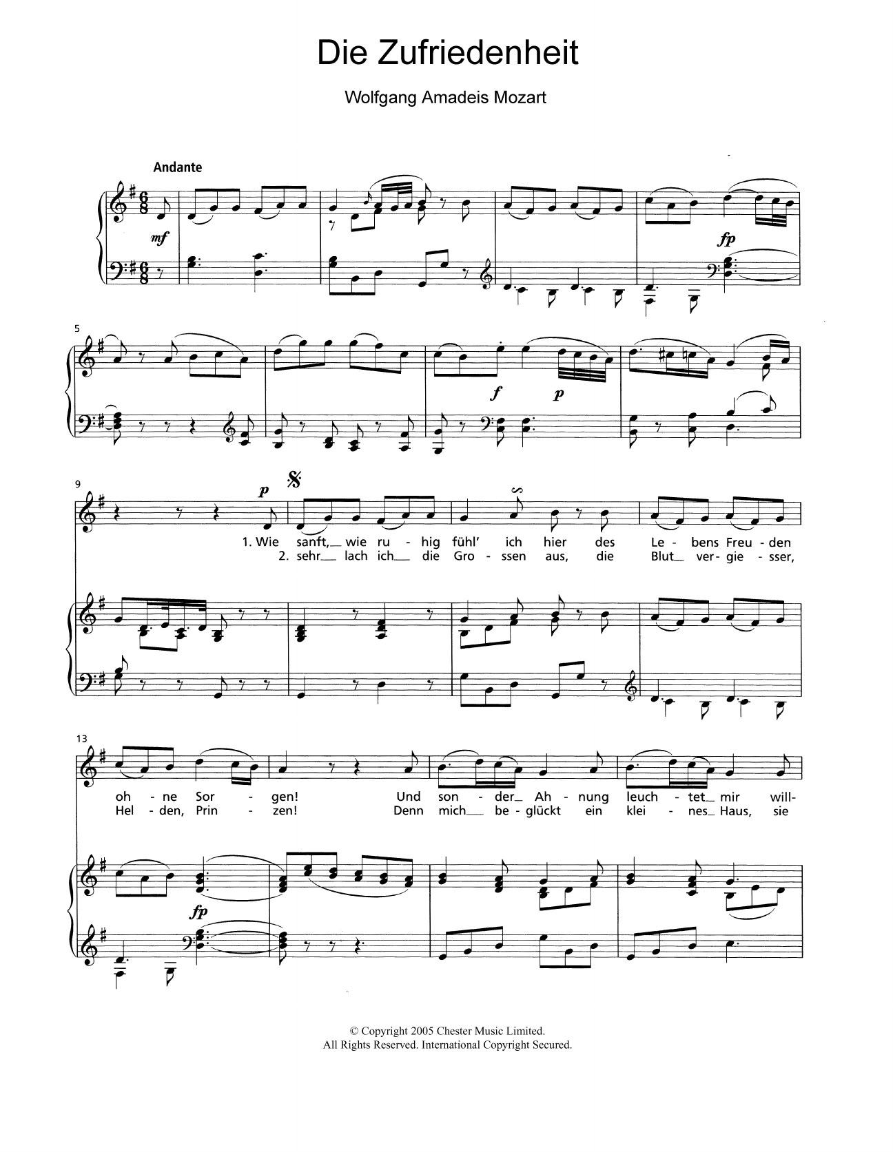 Wolfgang Amadeus Mozart Die Zufriedenheit K.473 sheet music notes and chords arranged for Piano & Vocal