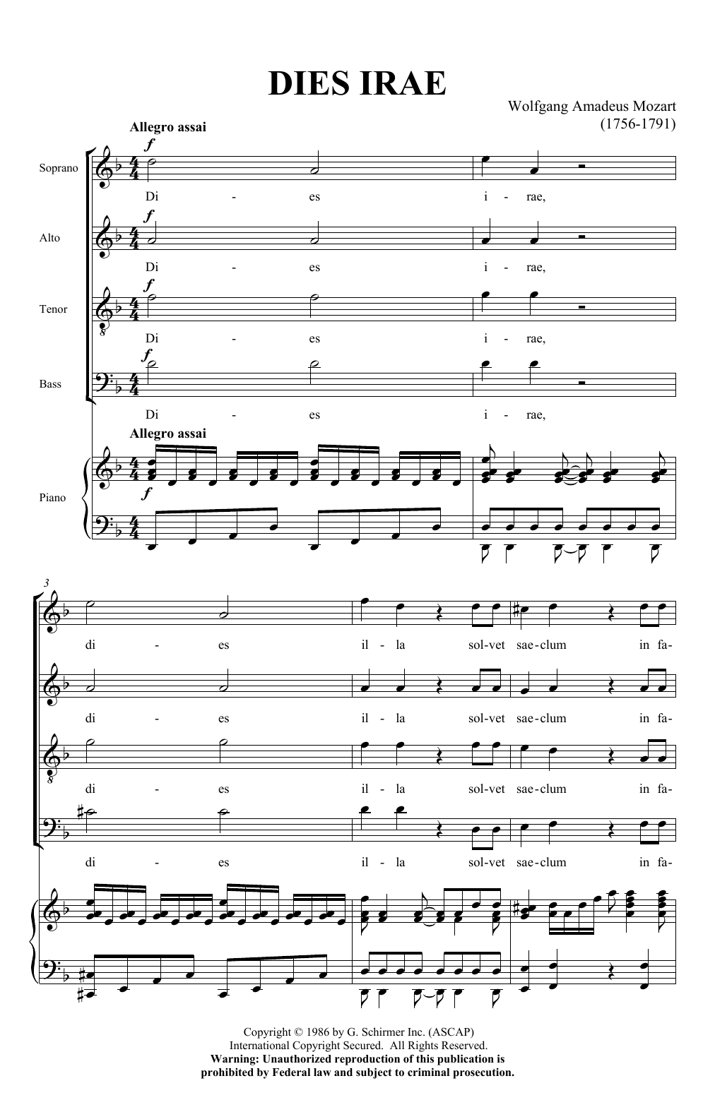 Wolfgang Amadeus Mozart Dies Irae (from Requiem) sheet music notes and chords arranged for SATB Choir