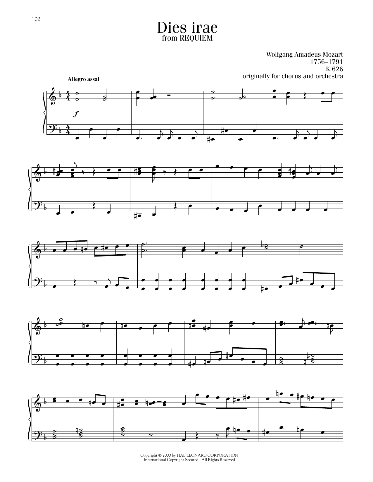 Wolfgang Amadeus Mozart Dies Irae sheet music notes and chords arranged for Piano Solo