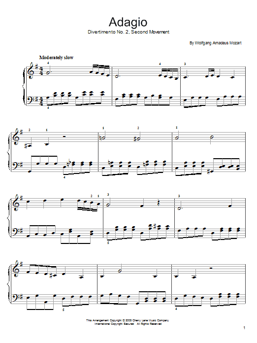 Wolfgang Amadeus Mozart Divertimento No. 2 (2nd Movement) sheet music notes and chords arranged for Easy Piano