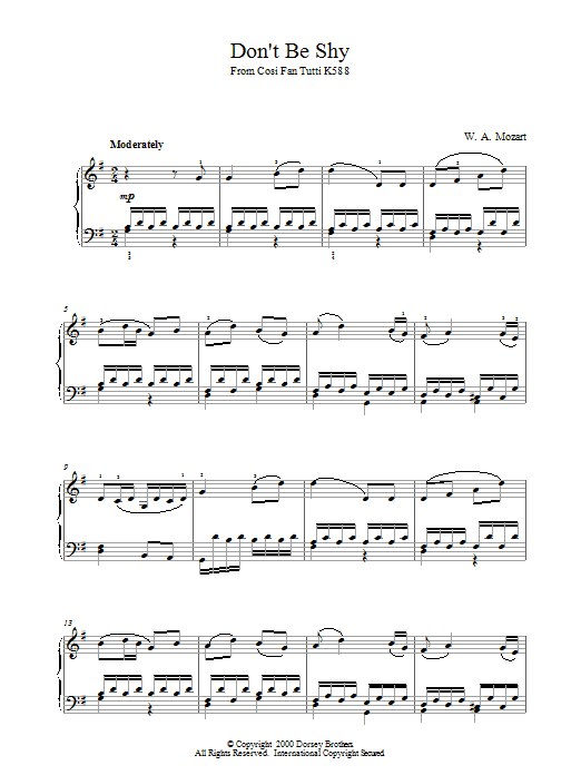 Wolfgang Amadeus Mozart Don't Be Shy From Cosi Fan Tutti K588 sheet music notes and chords arranged for Piano Solo