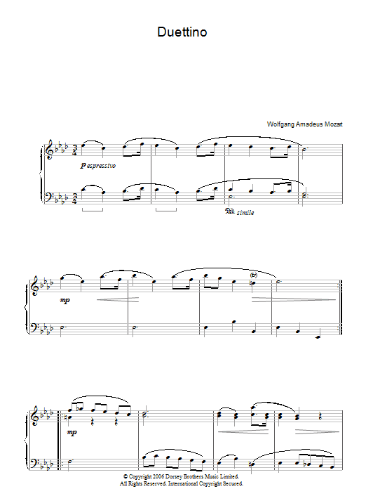 Wolfgang Amadeus Mozart Duettino sheet music notes and chords arranged for Easy Piano