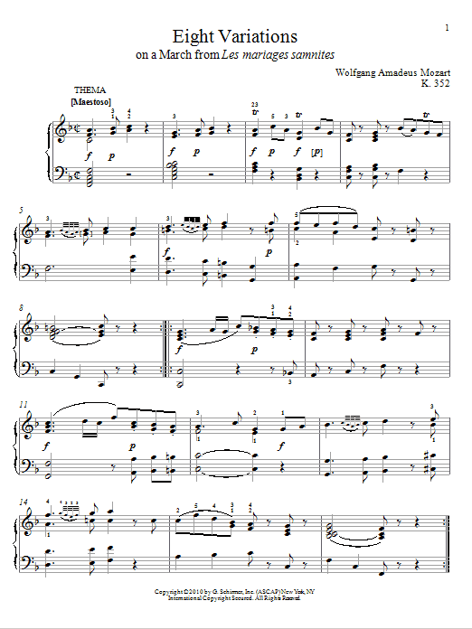 Wolfgang Amadeus Mozart Eight Variations On A March from Les Mariages Samnites, K. 352 sheet music notes and chords arranged for Piano Solo