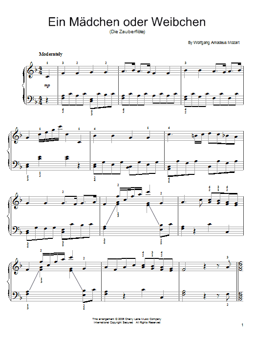 Wolfgang Amadeus Mozart Ein Mädchen oder Weibchen sheet music notes and chords arranged for Piano Duet
