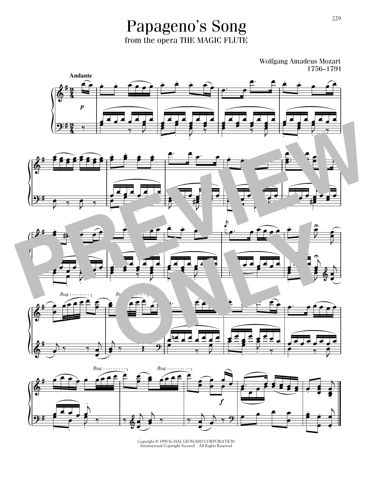 Wolfgang Amadeus Mozart Ein Madchen Oder Weibchen (Papageno's Song) sheet music notes and chords arranged for Piano Solo
