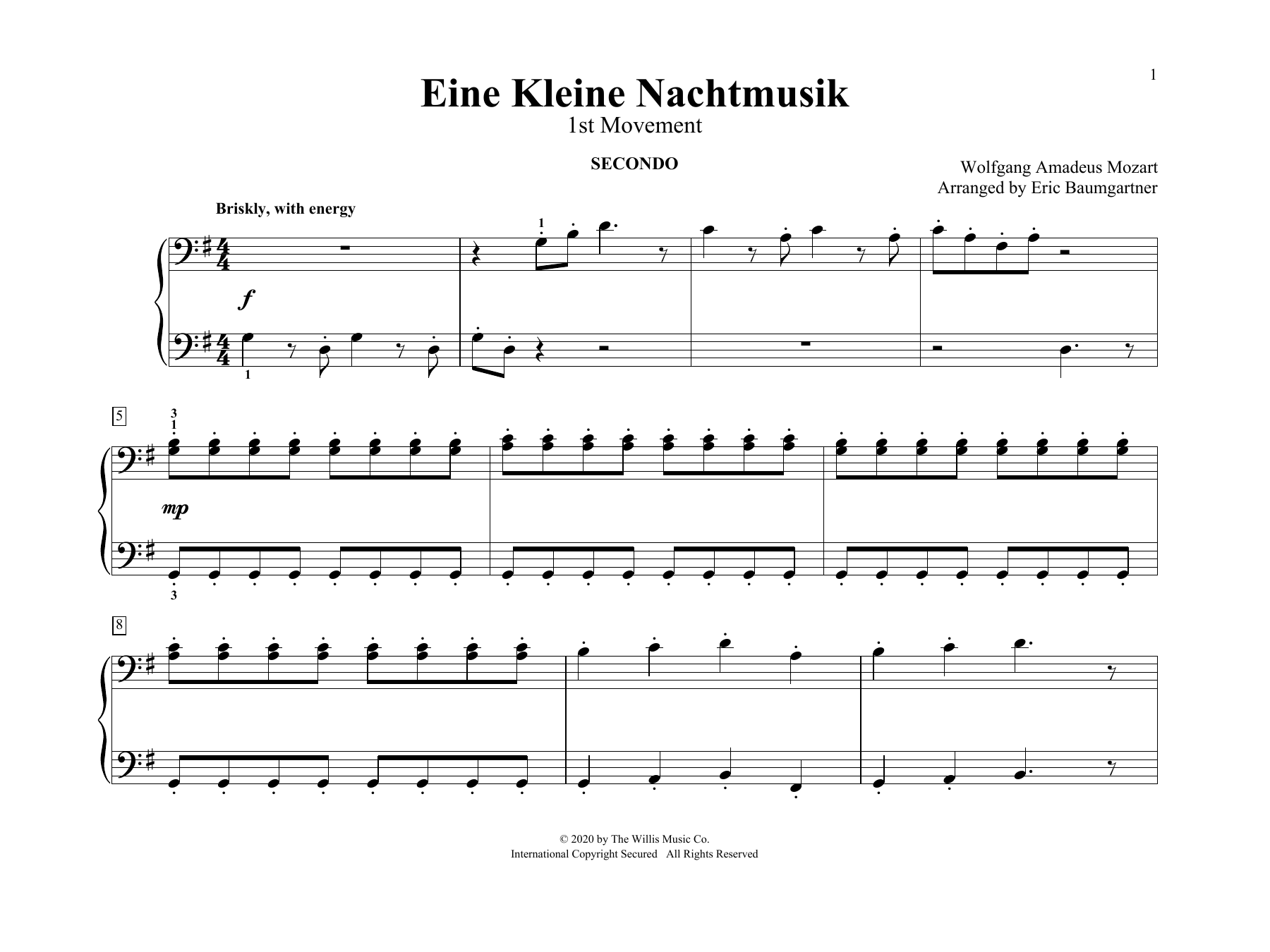 Wolfgang Amadeus Mozart Eine Kleine Nachtmusik (1st Movement) (arr. Eric Baumgartner) sheet music notes and chords arranged for Piano Duet