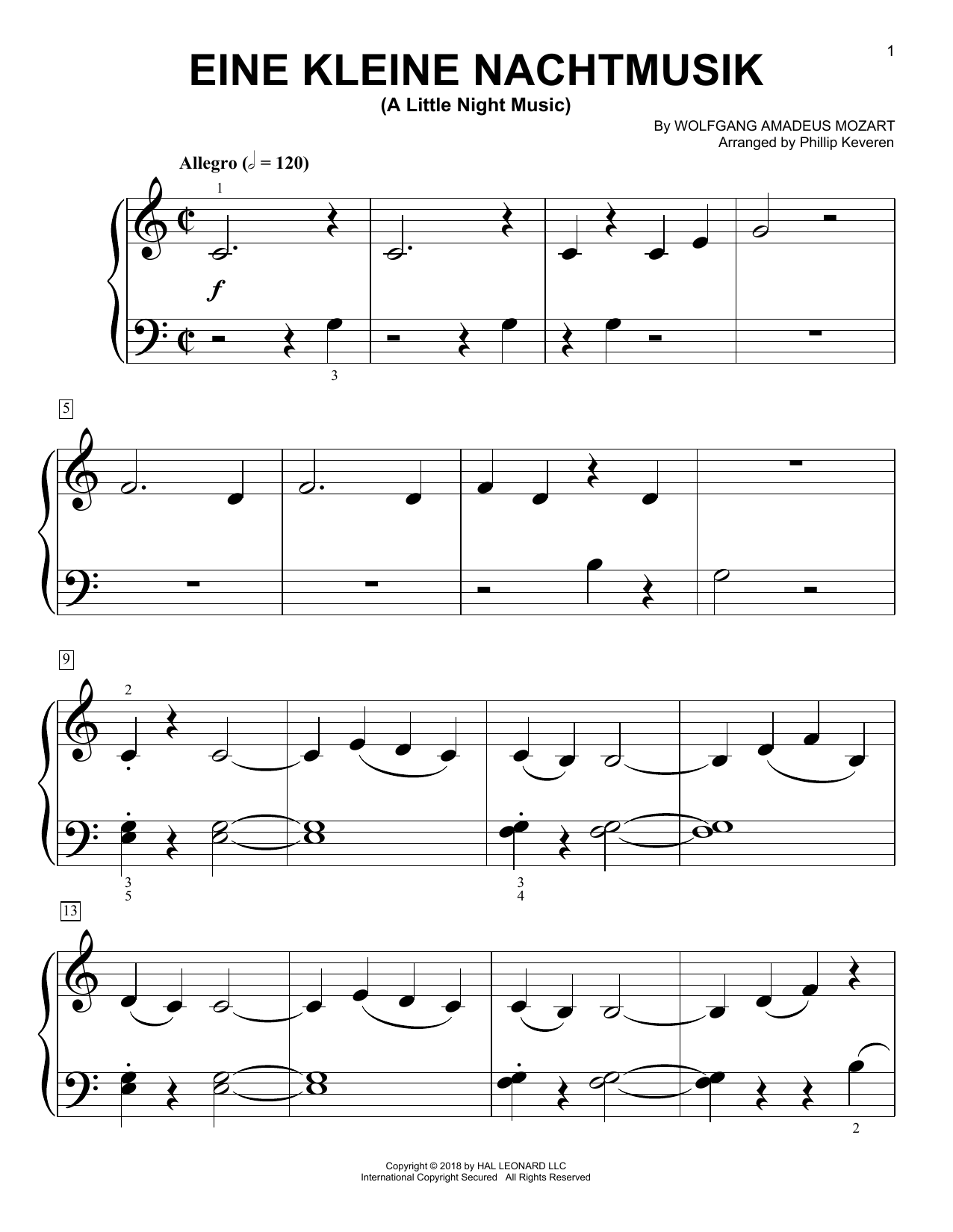Wolfgang Amadeus Mozart Eine Kleine Nachtmusik, K. 525 (arr. Phillip Keveren) sheet music notes and chords arranged for Big Note Piano