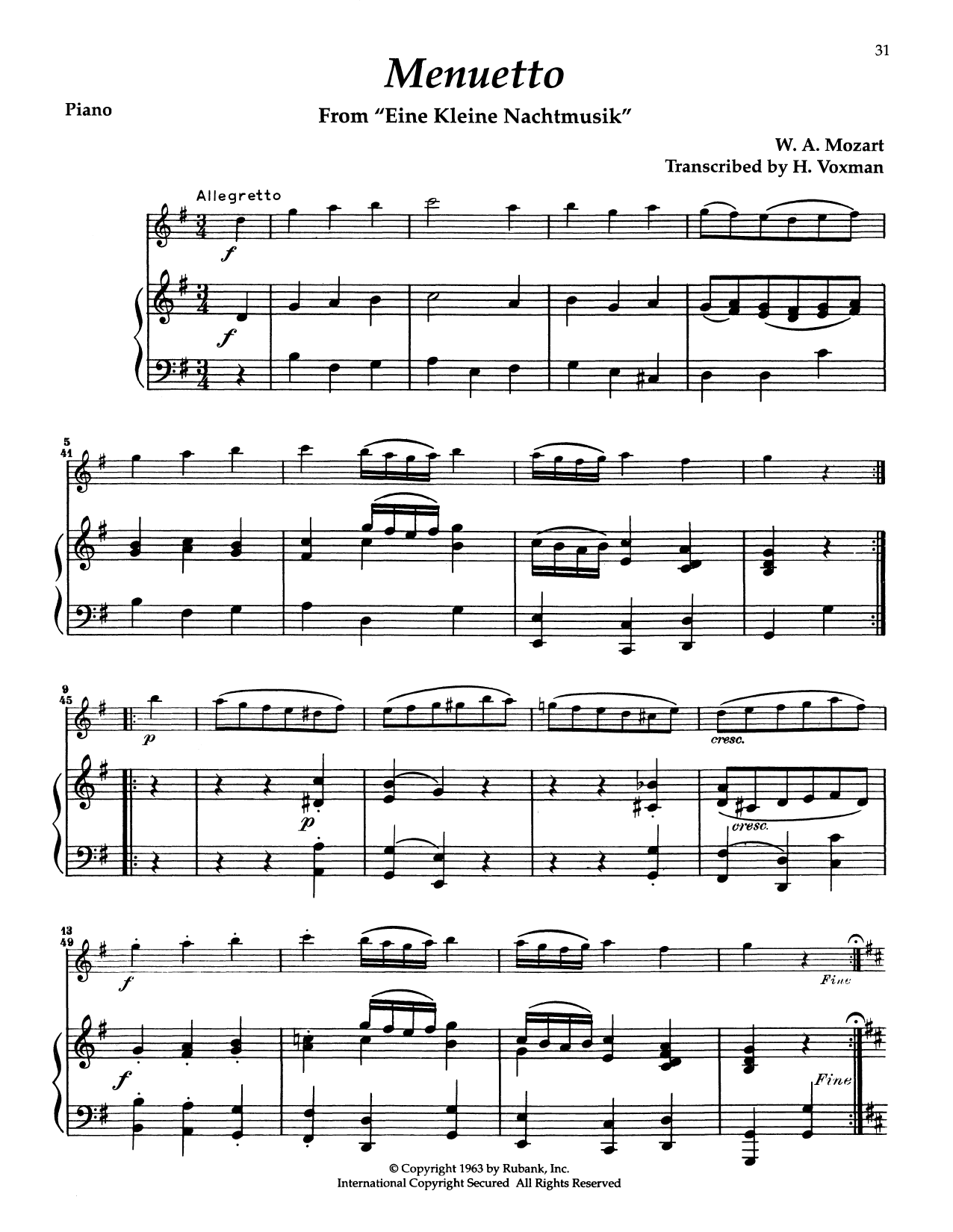 Wolfgang Amadeus Mozart Eine Kleine Nachtmusik, K. 525 sheet music notes and chords arranged for Flute and Piano