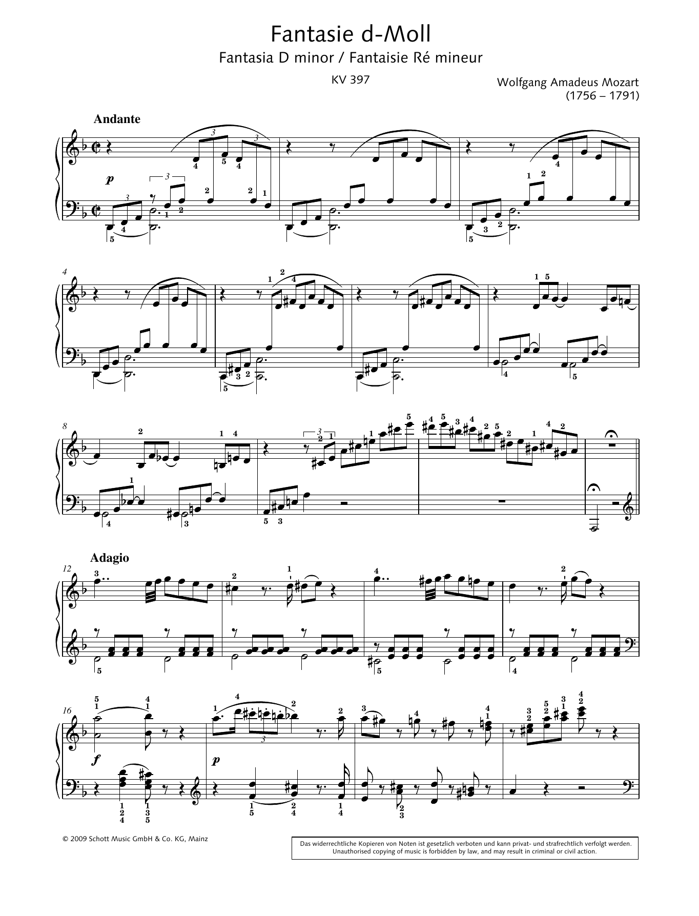 Wolfgang Amadeus Mozart Fantasia in D minor sheet music notes and chords arranged for Piano Solo