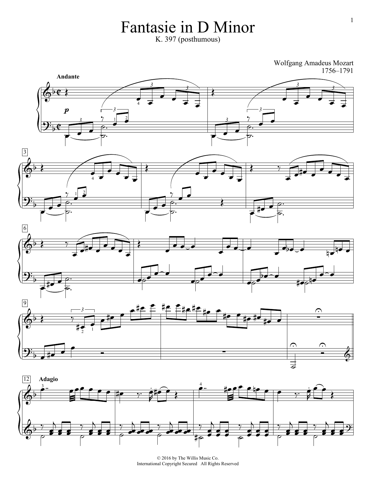 Wolfgang Amadeus Mozart Fantasie In D Minor, K. 397 sheet music notes and chords arranged for Educational Piano