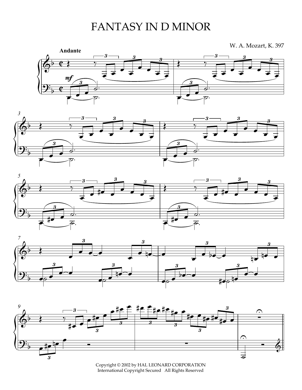 Wolfgang Amadeus Mozart Fantasy in D Minor, K. 397 sheet music notes and chords arranged for Piano Solo