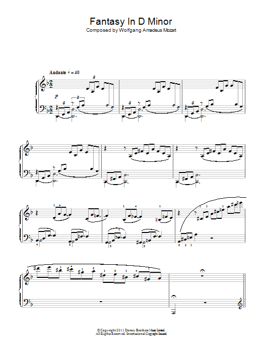Wolfgang Amadeus Mozart Fantasy In D Minor sheet music notes and chords arranged for Piano Solo
