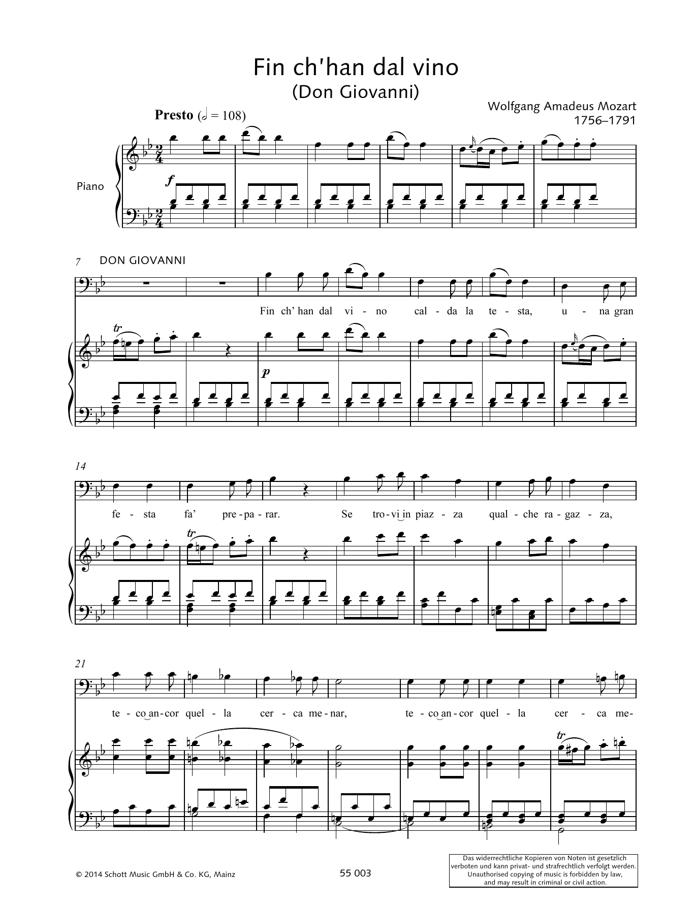 Wolfgang Amadeus Mozart Fin ch'han dal vino sheet music notes and chords arranged for Piano & Vocal