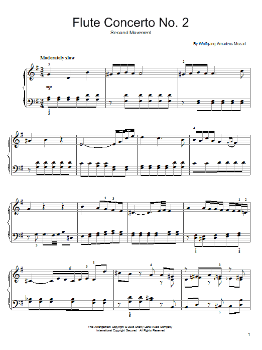 Wolfgang Amadeus Mozart Flute Concerto No. 2 (2nd Movement) sheet music notes and chords arranged for Easy Piano