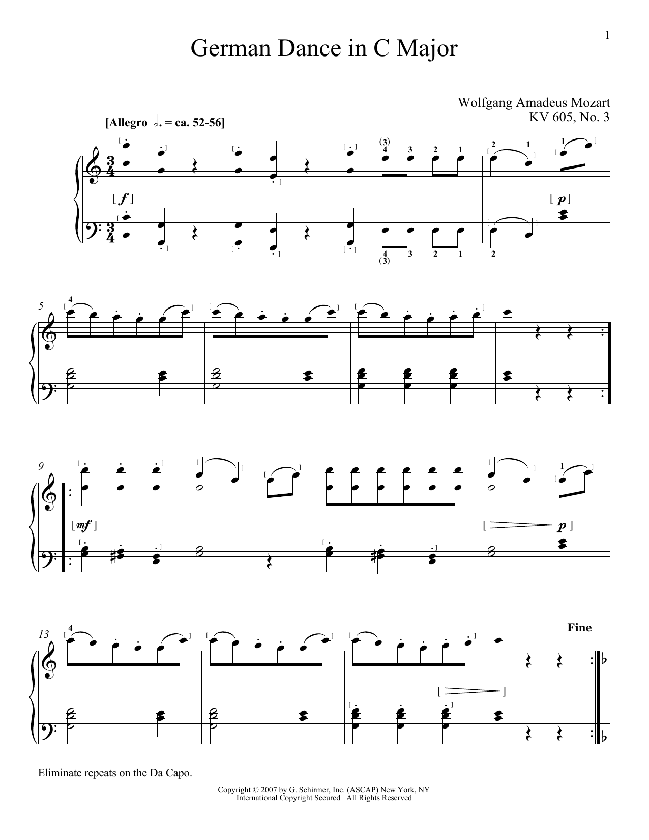 Wolfgang Amadeus Mozart German Dance In C Major, K605, No. 3 sheet music notes and chords arranged for Solo Guitar