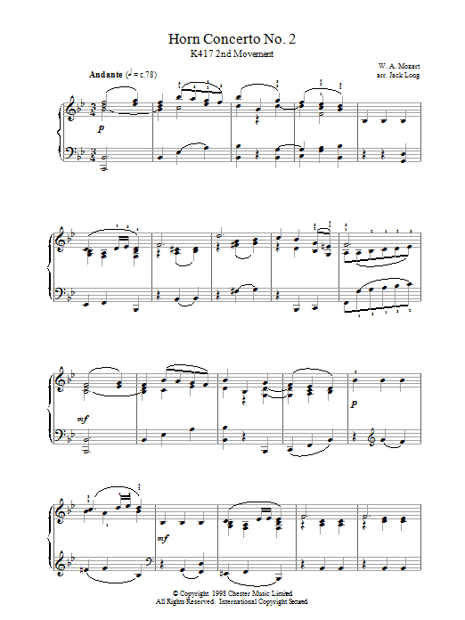 Wolfgang Amadeus Mozart Horn Concerto No. 2 sheet music notes and chords arranged for Piano Solo