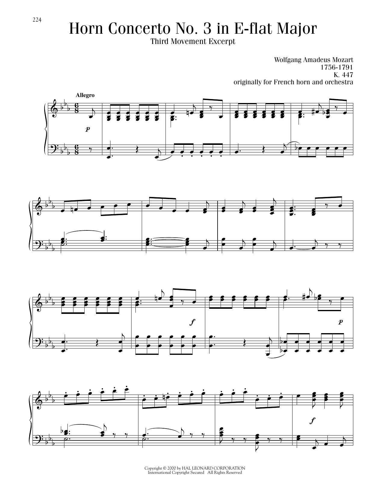 Wolfgang Amadeus Mozart Horn Concerto No. 3, Third Movement Excerpt sheet music notes and chords arranged for Piano Solo