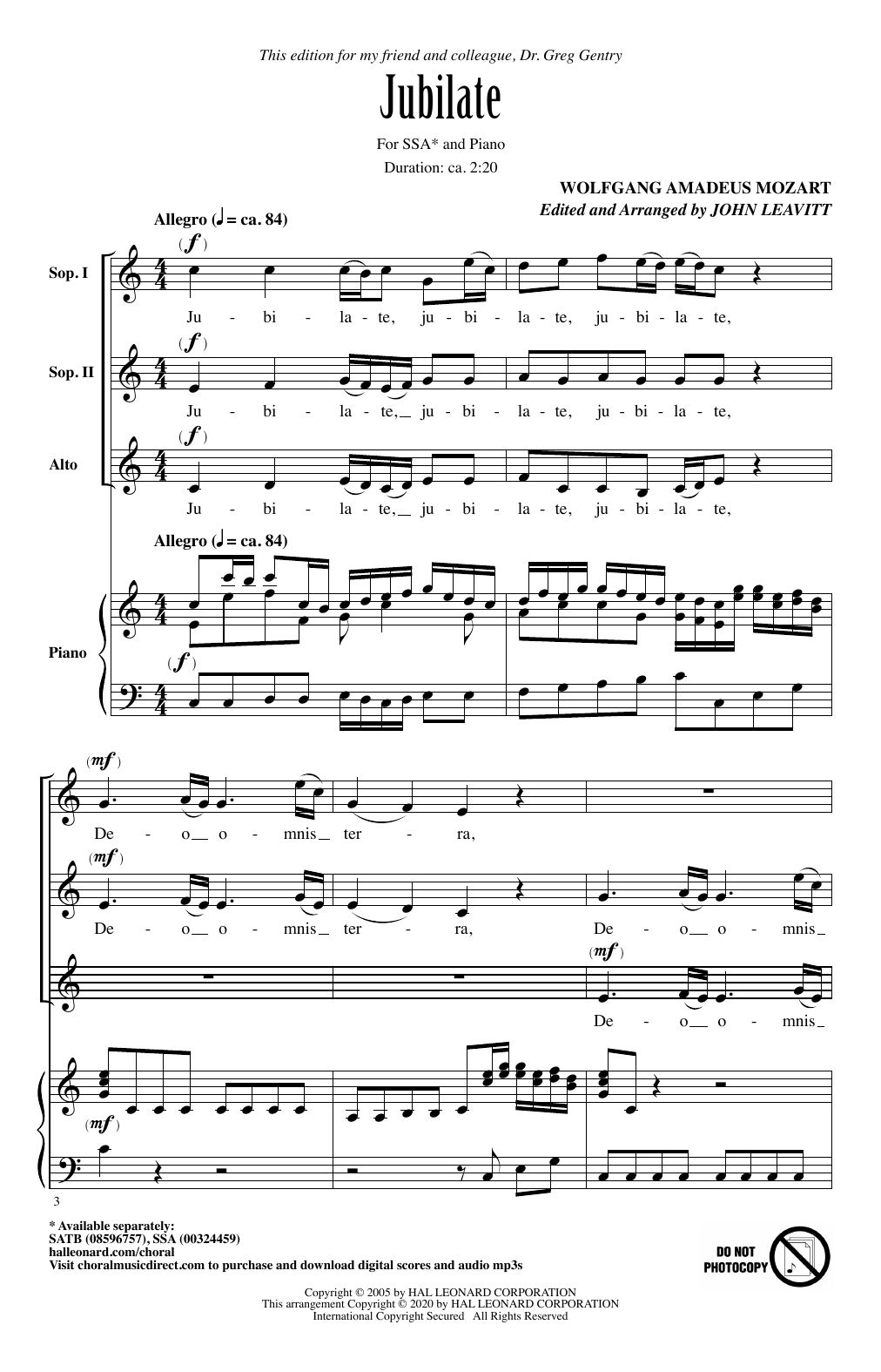 Wolfgang Amadeus Mozart Jubilate (arr. John Leavitt) sheet music notes and chords arranged for SSA Choir