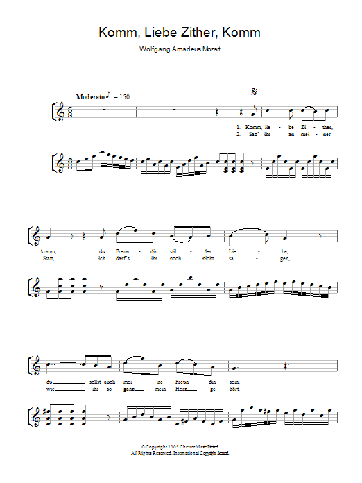 Wolfgang Amadeus Mozart Komm, Liebe Zither, Komm sheet music notes and chords arranged for Piano & Vocal