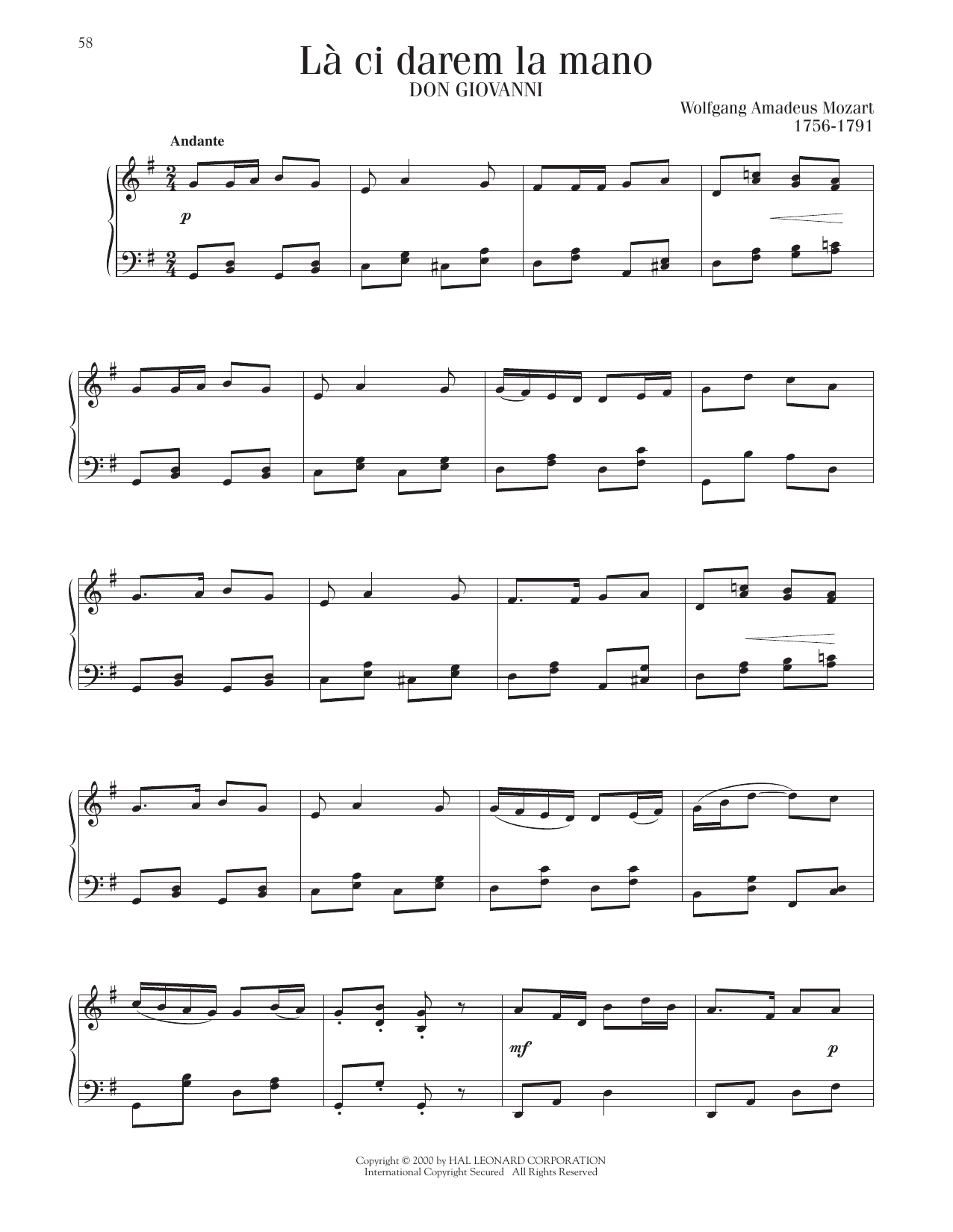 Wolfgang Amadeus Mozart La Ci Darem La Mano sheet music notes and chords arranged for Piano Solo