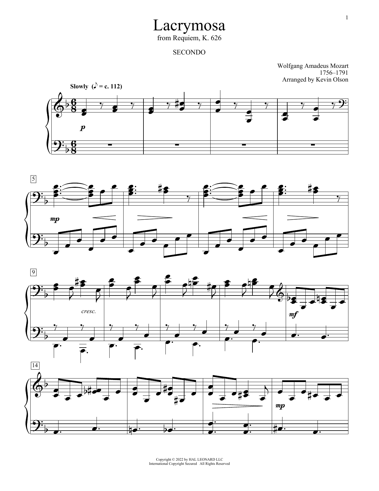 Wolfgang Amadeus Mozart Lacrymosa (arr. Kevin Olson) sheet music notes and chords arranged for Piano Duet
