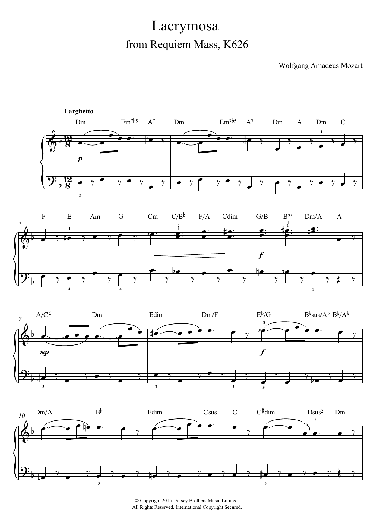 Wolfgang Amadeus Mozart Lacrymosa from Requiem Mass, K626 sheet music notes and chords arranged for Easy Piano