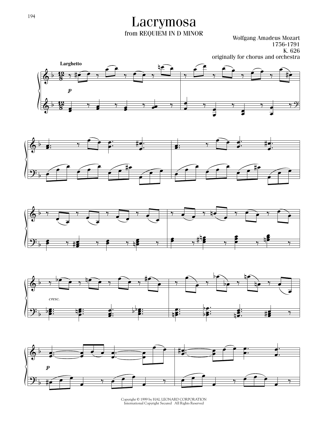 Wolfgang Amadeus Mozart Lacrymosa sheet music notes and chords arranged for Piano Solo