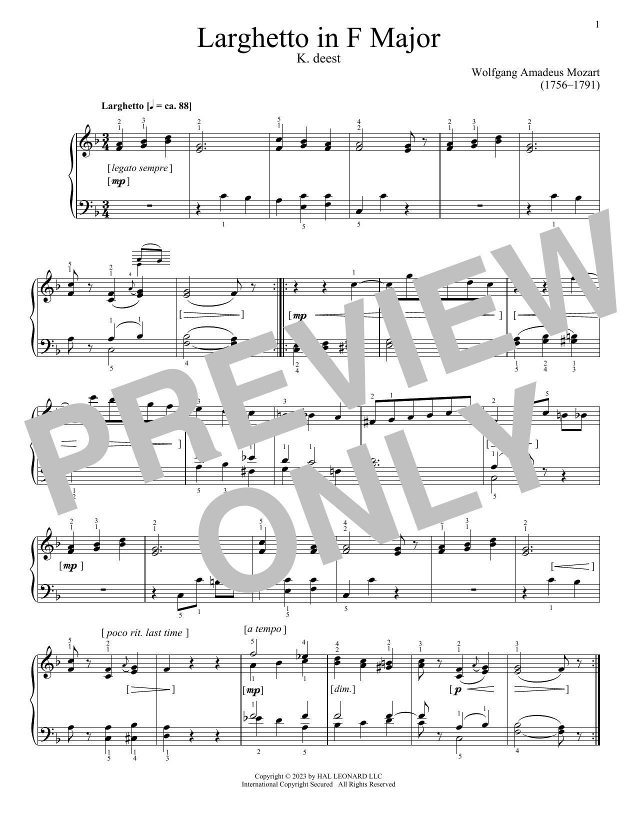 Wolfgang Amadeus Mozart Larghetto in F Major, K. deest sheet music notes and chords arranged for Piano Solo