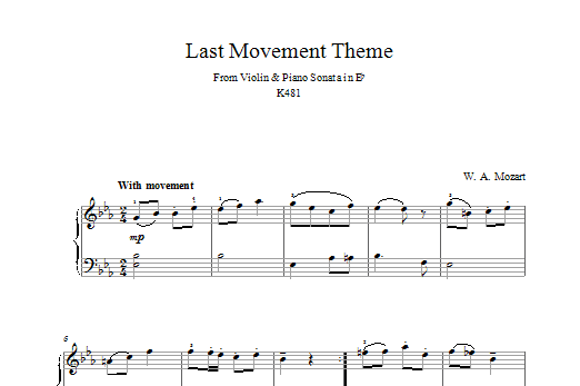 Wolfgang Amadeus Mozart Last Movement Theme from Violin & Piano Sonata in Eb K481 sheet music notes and chords arranged for Piano Solo