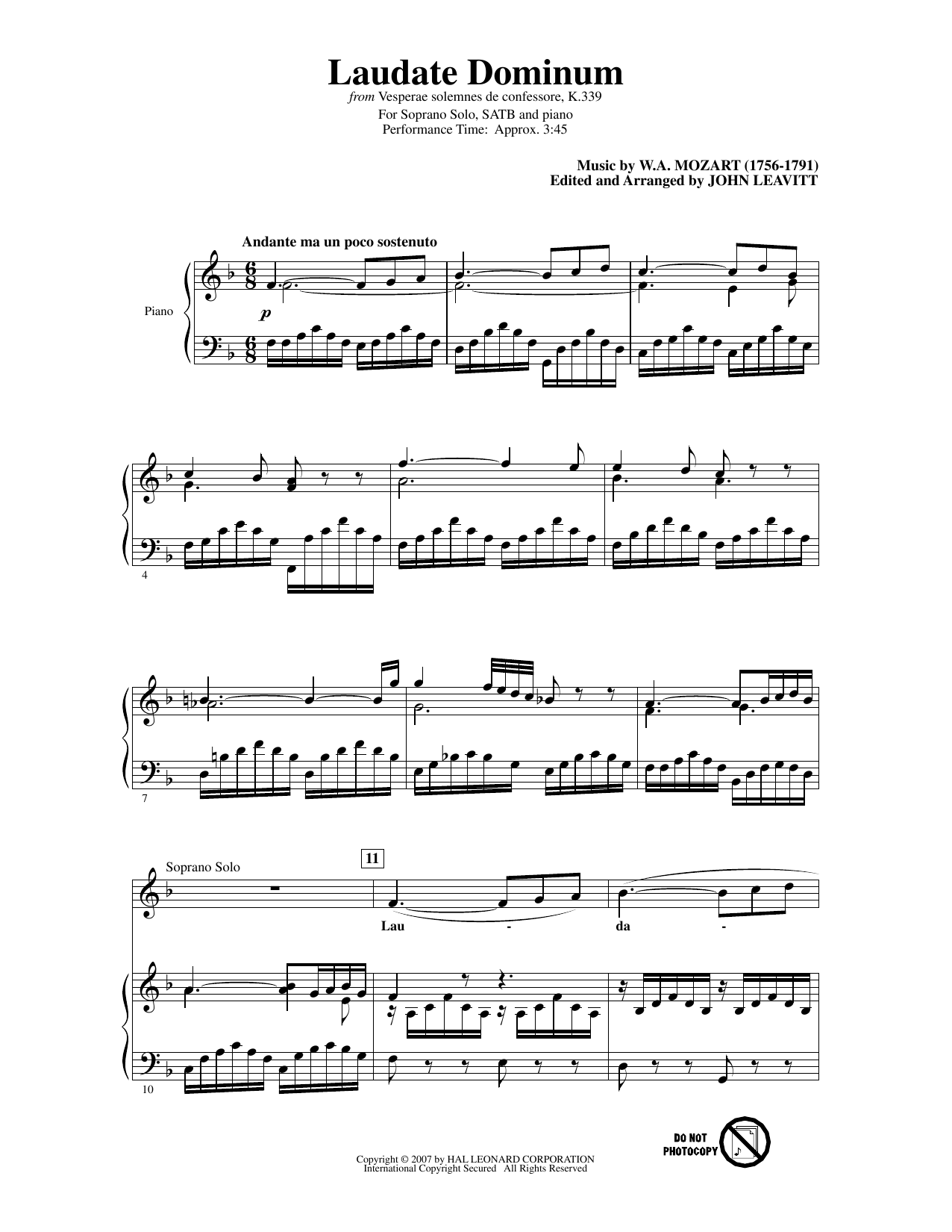 Wolfgang Amadeus Mozart Laudate Dominum (from Vesperae solennes de confessore, K. 339) (arr. John Leavitt) sheet music notes and chords arranged for SATB Choir