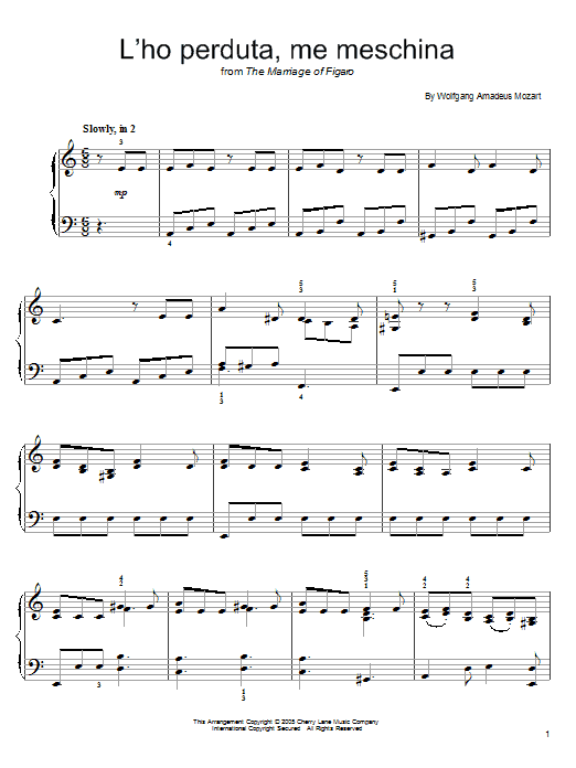 Wolfgang Amadeus Mozart L'Ho Perduta, Me Meschina sheet music notes and chords arranged for Easy Piano