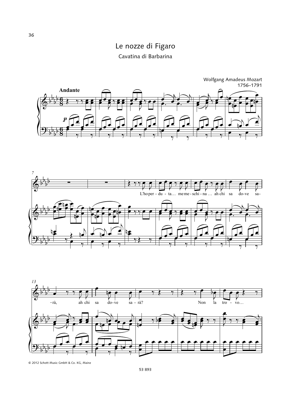 Wolfgang Amadeus Mozart L'ho perduta sheet music notes and chords arranged for Piano & Vocal