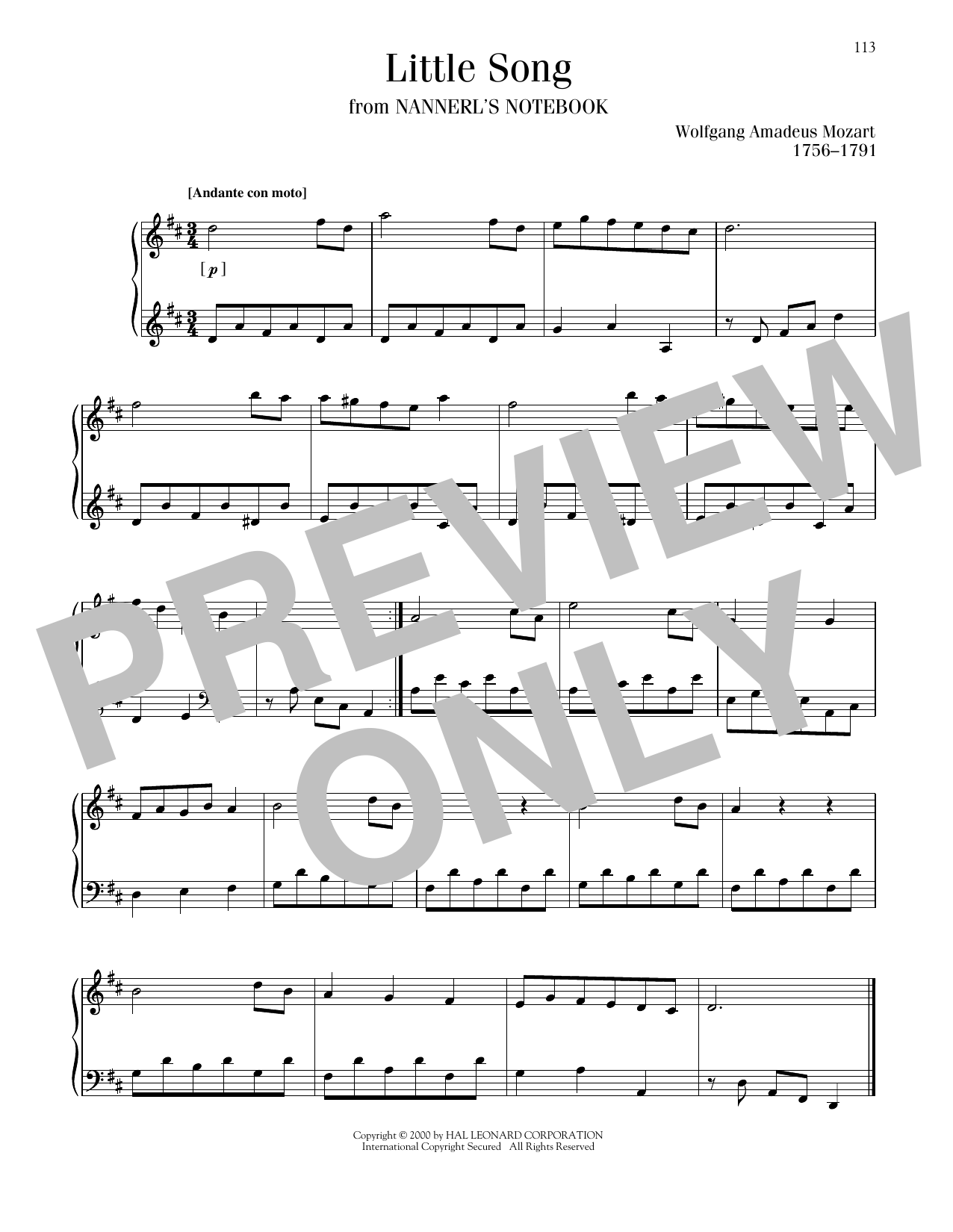 Wolfgang Amadeus Mozart Little Song sheet music notes and chords arranged for Piano Solo