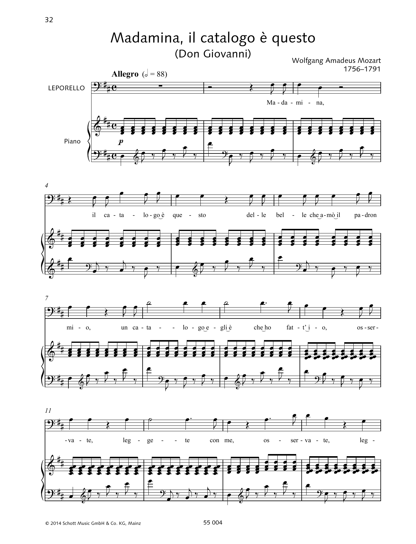 Wolfgang Amadeus Mozart Madamina, il catalogo è questo sheet music notes and chords arranged for Piano & Vocal