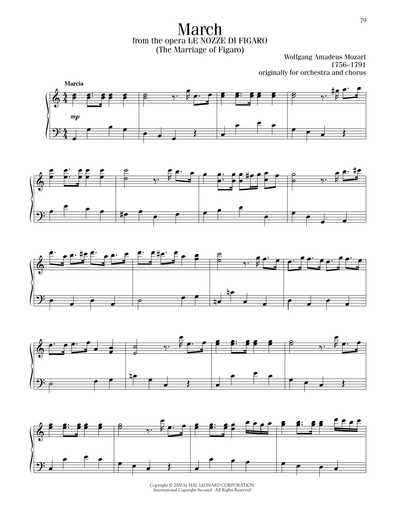 Wolfgang Amadeus Mozart March sheet music notes and chords arranged for Piano Solo