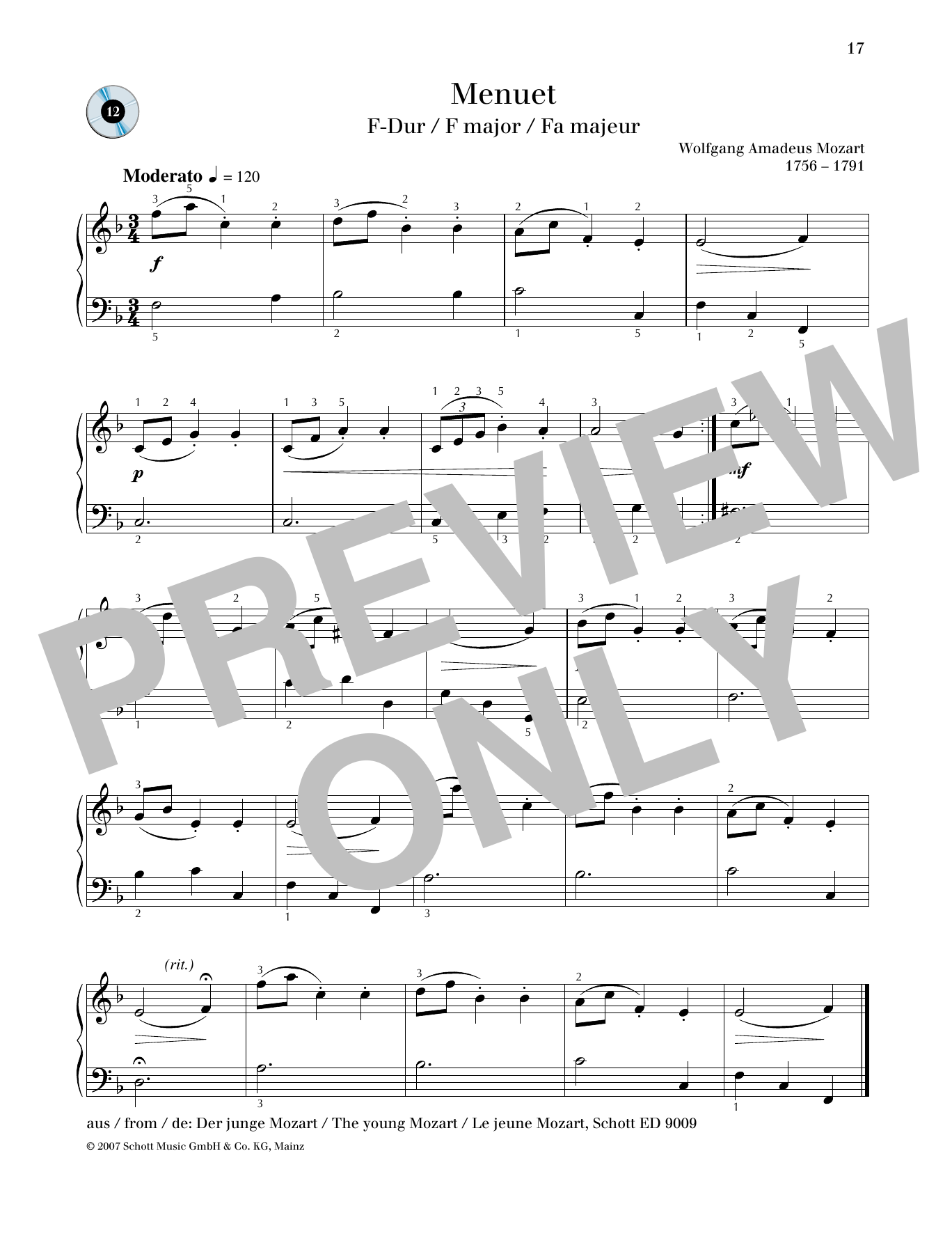 Wolfgang Amadeus Mozart Minuet F major sheet music notes and chords arranged for Piano Solo