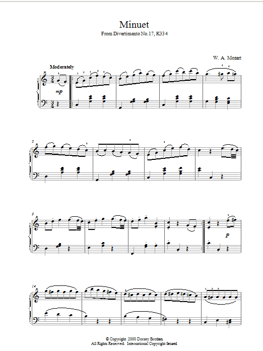 Wolfgang Amadeus Mozart Minuet from Divertimento No.17, K334 sheet music notes and chords arranged for Beginner Piano (Abridged)