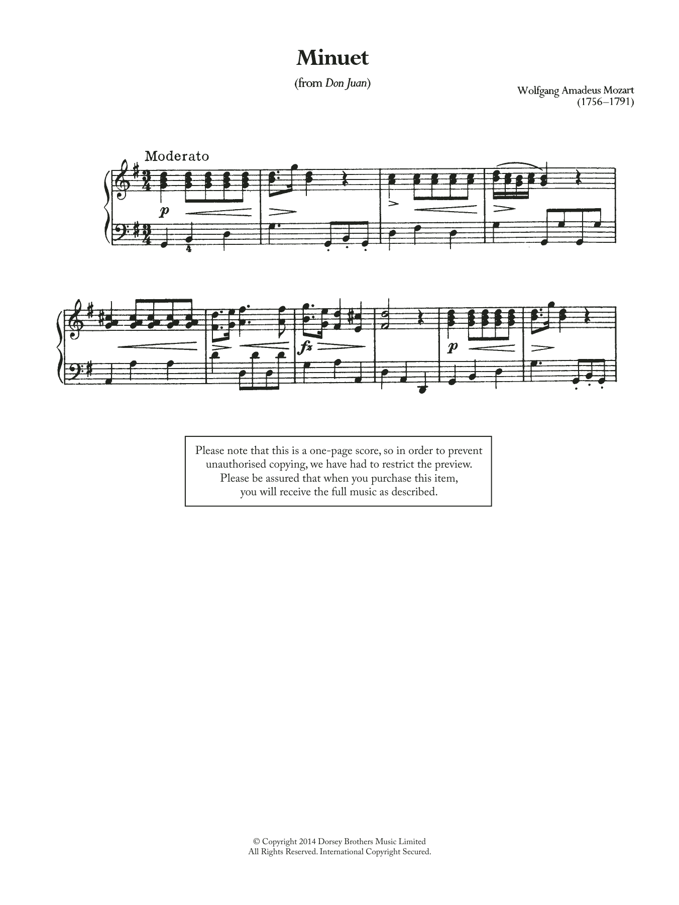 Wolfgang Amadeus Mozart Minuet (From 'Don Juan') sheet music notes and chords arranged for Piano Solo